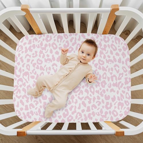 Pink Leopard Print Baby Crib Sheets for Boys Girls 28x52 Inch | Cheetah Animal Skin Daesign Pattern Mattress Cover Funny Toddler Bed Sheets Standard Fitted Unisex Crib Sheets - color: Pink Leopard, size: 52*28*9 In