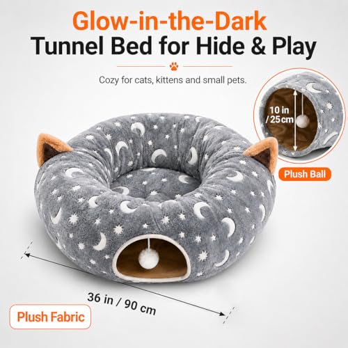 Cat Tunnel Bed Under Christmas Tree with Plush Ball Toy Playground Crinkle Collapsible Self-Luminous Flannel Fabric 3FT for Large Cats Kittens Kitty Small Animals Puppy Grey Moon Star - size: 3FT