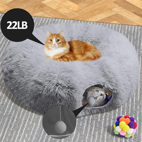 Indoor Cat Tunnel Bed with Central Mat, Under Christmas Tree Soft Fluffy Plush Collapsible Multi-Combinations Cat Donut Bed for Cats, Rabbits, Ferrets, Small Animalls(Gray) - color: Grey