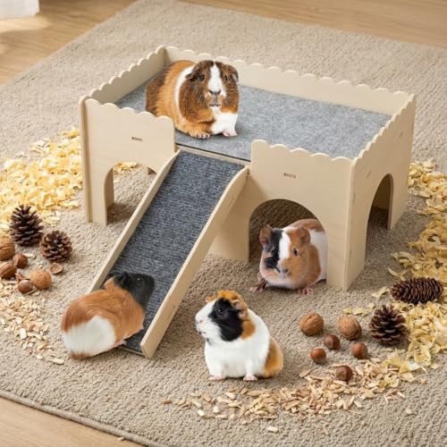 Wooden Guinea Pig Castle, Upgraded Guinea Pig Hideout, Small Pet House with Ramp & 4 Openings, Easy to Assemble for Guinea Pigs, Hamsters, Gerbils & Chinchillas