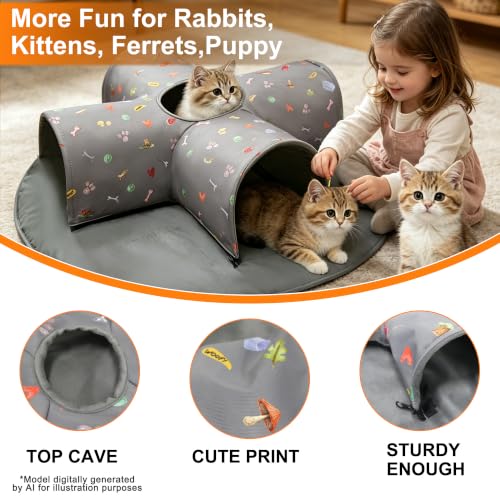 4-Way Indoor Cat Tunnel Bed with Top Peek Hole, 2-in-1 Collapsible Hideout with Removable Washable Mat, Interactive Play Tunnel for Cats, Kittens, Rabbits, Ferrets & Small Pets
