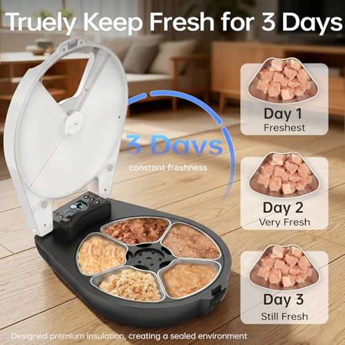 Automatic Wet Food Cat Feeder, 3 Days 5 Freshness Meals Refrigerated Auto Cat Feeder, Semiconductor Cooling & Heating with 304 Stainless Steel Bowl, Programmable Timer Cat Food Dispenser