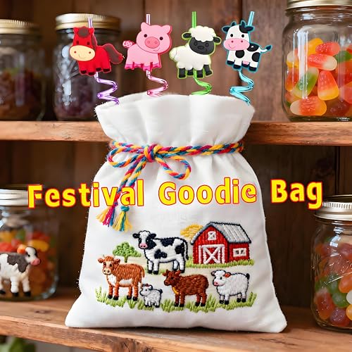24 Reusable Plastic Drinking Straws for Farm Animal Birthday Party Favors | Fun Crazy Straws for Kids,Horse Cow Duck Sheep Pig Tractor Barnyard Theme Party Decorations,Classroom Prizes Student Gifts