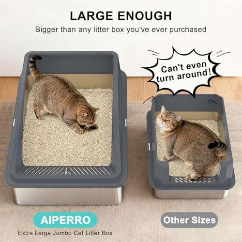 AIPERRO Stainless Steel Litter Box Extra Large for Big Cats and Multi-Cats | Jumbo Extra Large Metal Cat Box with High Sided Lid, Anti-Urine Leakage, Non-Stick,Include Litter Scoop - color: Dark Grey, size: XXX-Large