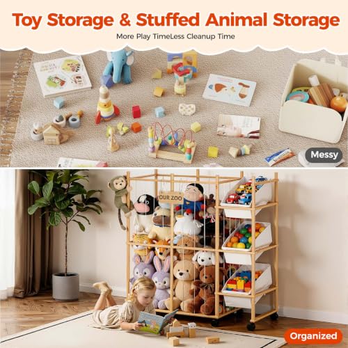 Toy Storage Organizer with 3 Removable Bins, Kids Storage Toy Shelf Organizer for Stuffed Animal Holder for Bedroom Playroom Nursery | Wood & White