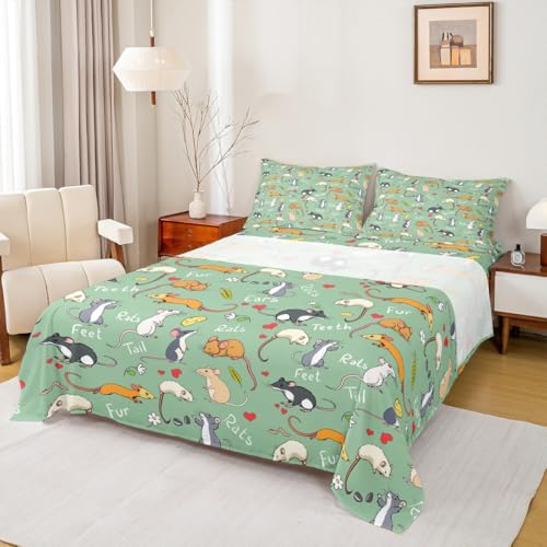 Erosebridal Kids Rat Sheet Set Mouse Rodents Bed Sheet Funny Animal Love Heart Bed Sheet Set Full Size for Boys Girls Children Bedroom Cartoon Style Fitted Sheet+Pet Flat Sheet+2 Pillow Cases, Green - color: Multi 54, size: Full
