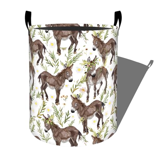 Cute Brown Donkey with Greenery Laundry Basket, Dorm Nursery Foldable Laundry Hamper Organizer for Bathroom Decor, Toy Clothes Storage Box for Bedroom 19.7x15.7 Inch - style: Donkey07