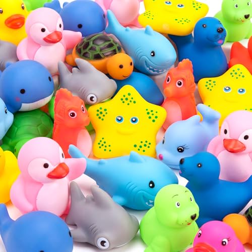 Poen 100 Pcs Sea Animals Bathtub Toys Bulk Cute Rubber Bath Toys Floating Ocean Squeaky Animals for Birthday Party Supplies Summer Pool Favors Baby Shower Classroom Rewards Carnival Prize, 10 Styles - style: Vivld Style