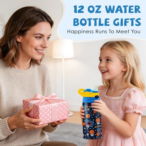 Basketball 12 oz Water Bottle with Straw – Kids Stainless Steel Vacuum Insulated Cup, Leakproof Pop-Up Spout, Reusable Travel Mug for Boys and Girls Outdoor Sports - color: Basketball1