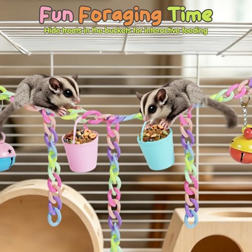 Sugar Glider Toys, Cage Accessories Hanging Climbing Toy Set with Bells | 66 Plastic Links, Bells & Feeding Buckets, Hanging Climbing Toy Set, Foraging Activities, Small Pet Cage Accessories