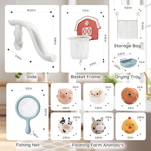 No-Hole Farm Animal Bath Toys for Kids Ages 1-3, Water Slide Toys | Bath Basketball Hoop, Fishing Net, Storage Bag, Toddlers Sealed Bathtub Toys, Shower Pool Play Set, Boys Girls Gifts