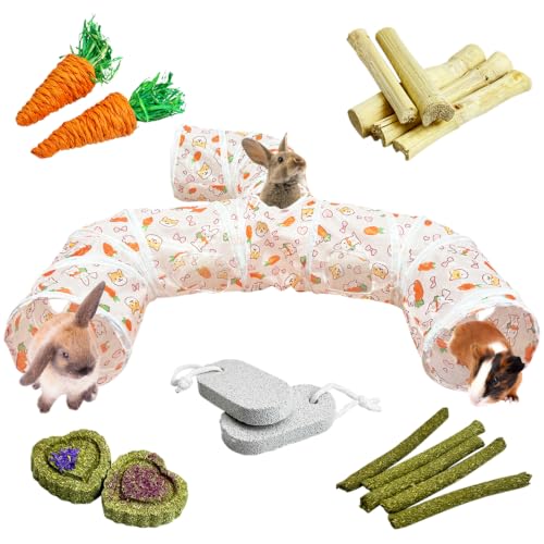 PINVNBY Large Rabbit Tunnel，Collapsible Rabbit Tunnels for Indoor Bunnies Bunny Hideout with 5 Types of Chewing Toys for Ferret Kitten Small Animals (Faucet Shape) - size: Faucet Shape
