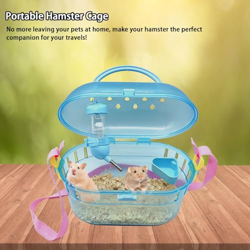 Portable Hamster Cage Syrian Hamster Carry Travel Cage with Water Bottle Food Bowl Adjustable Strap Pet Outgoing Cages for Gerbil Squirrel Guinea Pig Hedgehog Chinchilla - color: Blue | Hamster Carriers