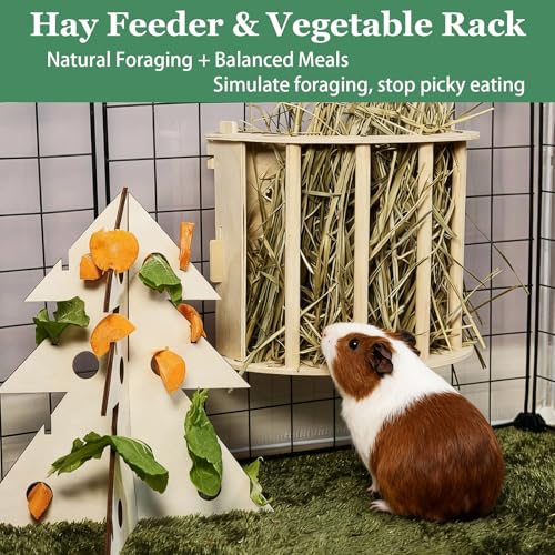 Guinea Pig Hay Feeder Wooden Rabbit Hay Rack Bunny Treat Holder Vegetable Dispenser Foraging Toy Cage Accessories for Chinchillas Small Animals