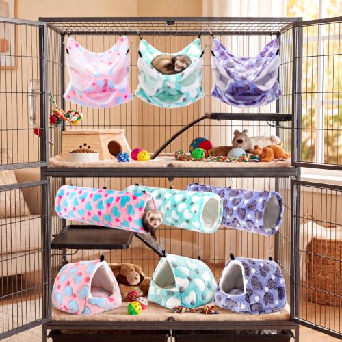 Abbylike 9 Pieces Rat Hammock 3 Tier Guinea Pig Ferret Hammocks Small Pet Hanging Tunnel Glider Toy Guinea Pig Ferret Hideout Bed Cage Accessories for Hamster(Green, Purple, Pink,Heart) - color: Green, Purple, Pink