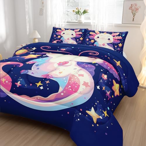 Nttopship Cartoon Axolotl Comforter Bedding Set with 2 Pillowcase Twin Size Pink Salamander Comforter Set for Kids Boys Girls Bedroom Decor - color: Axolotl, size: Twin