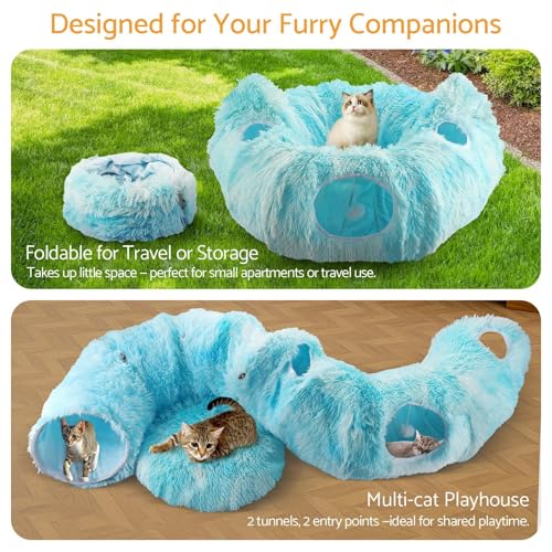 Cat Tunnel Bed, 3-in-1 Collapsible Cat Tube with Removable Washable Cushion, Multi-Shape (U/S/Half-Round) Playhouse with Peekaboo Holes, Hanging Balls & Cat Ears for Cats, Small Dogs, Rabbits - color: Sky Blue