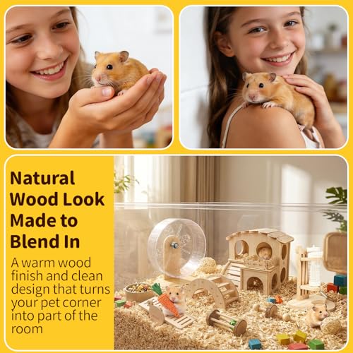Hamster Cage Accessories Set ，Silent Exercise Wheel, Maze Wooden Hideout, Water Bottle with Holder, Chew Toys & Interactive Platform for Hamsters, Mice, Gerbils (All-in-One Habitat Enrichment Kit)