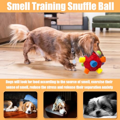 Dog Snuffle Ball-Interactive Puzzle Dog Toys Encourage Natural Foraging Skills Slow Feeder for Training and Stress Relief, Cloth Strip Hiding Food Chew Toys for Any Size Dogs, Machine Washable (Red) - color: Red