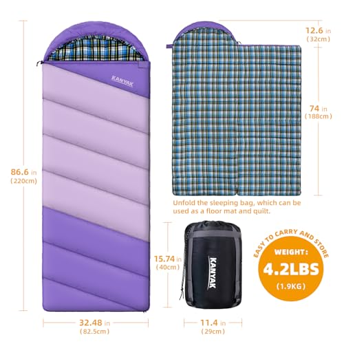 Cotton Flannel Lined Sleeping Bag for Adults Teens Kids, Cold Weather & Warm, 3 Seasons, Lightweight Compact Camping Essentials Equipment, Hiking, Outdoor, Travel - color: Deep Purple & Light Purple