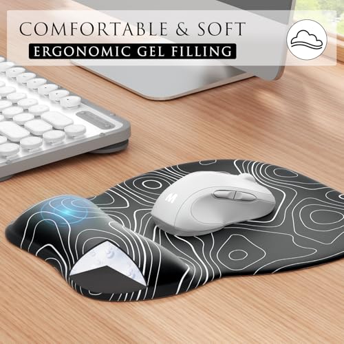 MROCO Ergonomic Mouse Pad Gel Wrist Rest, 9.4 x 8.1 in, Black Topographic | Ergonomic Shape Design, Multiple Pattern Options, Gel Wrist Comfort, Smooth Lycra Surface, Non-Slip PU Base - color: Black Topographic