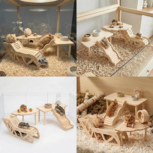 4 Pcs Hamster Platform Wooden Tunnel Ladder Hidden Play House Hamster Game Climbing Toy with Platform, Decor Toy cage Accessories for Dwarf Syrian Mice Degus Gerbils Squirrel and Other Small Pets - color: 4 Pcs