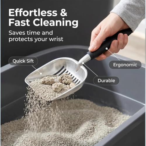 Heavy Duty Cat Litter Scoop with Holder, Stainless Steel Kitty Litter Scooper Caddy for Litter Box, Full Metal Speed Sifter Captures All Clumps, Easy to Clean - color: White