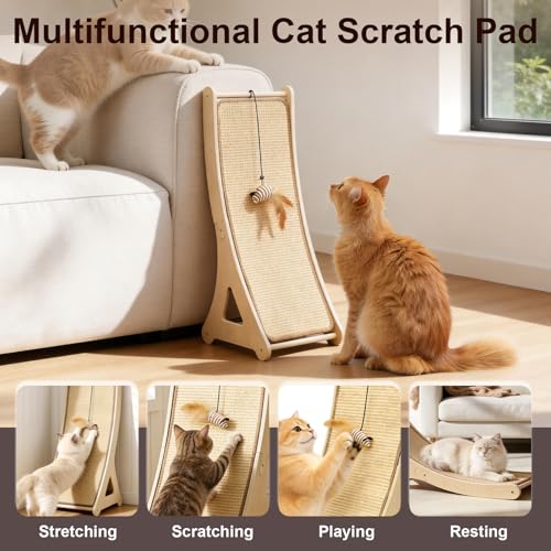 Sisal Cat Scratcher, Cat Scratching Board with Mouse Toy | 24” Wooden Ramp, Vertical and Horizontal Use for Wall and Floor, Easy Assembly, Climb and Scratch Fun, Protects Furniture