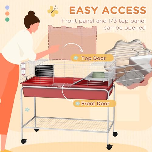 PawHut Two-Story Small Animal Cage Removable from Stand, Guinea Pig Cage with Shelf & Wheels, Pet Habitat for Hedgehog, Chinchilla, Ferret, 39" x 20.5" x 36.5", Red | Removable from Stand, Guinea Pig Cage, Pet Habitat for Hedgehog, Chinchilla, Ferret - co