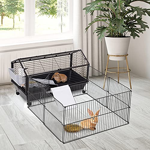 PawHut Small Animal Cage with Foldable Run Area, Rolling Bunny Cage, Guinea Pig Cage, Hedgehog Cage with Water Bottle, Water Bowl, and Ramps, 35" L | Guinea Pig Hutch, Hedgehog Cage, Water Bottle, Water Bowl, Ramps - size: 50.5"L x 34.8"W x 22.0"H