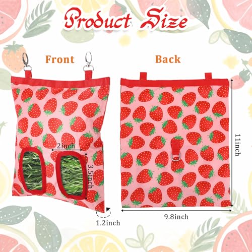 Rabbit Hay Feeder, 2 Hole Washable Hanging Hay Bag for Guinea Pig | Hay Holder for Guinea Pigs Rabbits Chinchilla Hamster Bunny Small Pets and Animal, Strawberry Pattern, 11x9.8inch - color: strawberry