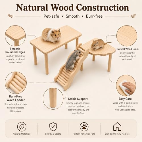 3-Piece Hamster Wood Platform Set with Wave Climbing Ladder, Natural Cage Accessories with Food & Water Stations, Climbing Enrichment for Dwarf, Syrian Hamsters, Mice & Gerbils