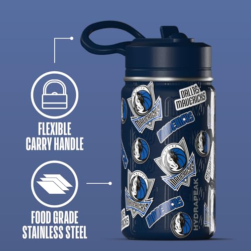 Hydrapeak NBA Officially Licensed Dallas Mavericks Mini 14oz Kids Stainless Steel Water Bottle with Straw Lid & Flexible Handle, Double Wall Insulated, Spill Proof, Perfect for Back to School - color: Dallas Mavericks