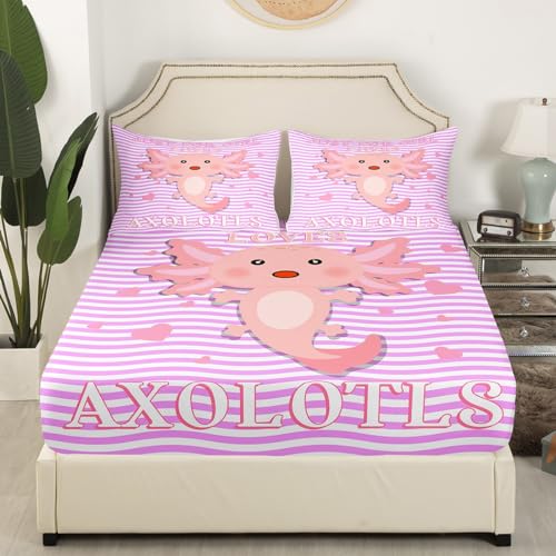 Axolotl Bed Sheets Kawaii Axolotl Bedding Set Twin Size Pink Cute Animal Sheet Set For Kids Boys Girls Teens Gift Room Decor Geometric Stripes Lines Fitted Sheet Cute Pet Flat Sheet, Purple - color: Multi 18, size: Twin