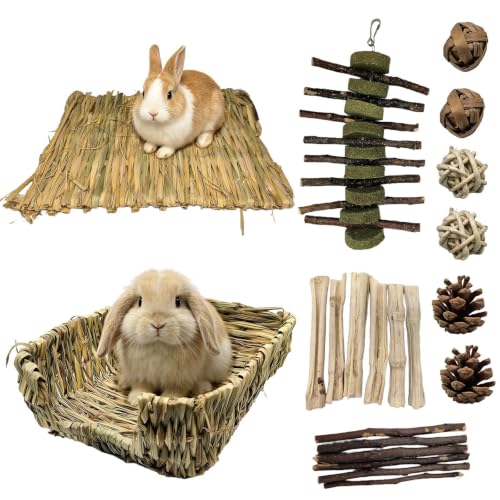 Bunny Grass Bed Mat 21Pcs Rabbit Chew Toys Set Hand-Made Woven Hay Mat | Wood&Bamboo Sticks and Timothy Grass Cake&Ball,Small Animals Teeth Grinding Chew Treat Toy for Guinea Pig - size: 21pcs
