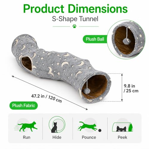 Cat Tunnel Tube with Plush Ball Toys Collapsible Self-Luminous Photoluminescence, for Small Pets Bunny Rabbits, Kittens, Ferrets,Puppy and Dogs Grey Moon Star (S-Shape) - size: S-Shape