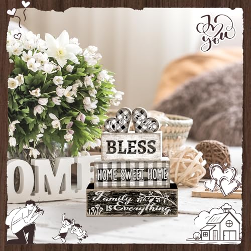 Tiered Tray Decor Set, 4 Pcs, Wooden, for Home Kitchen, Hearts | Checkered Sweet Home, Farmhouse Rustic Summer Coffee Table Centerpieces Office Decorations - style: Heart