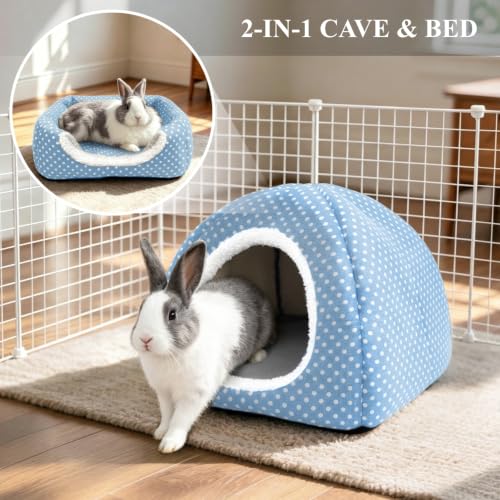 Rabbit Hideout Large Bunny Bed Washable Rabbit House | Fleece Hiding Hut for Indoor Bunnies Guinea Pigs, Small Animal Hideaway - color: Light blue
