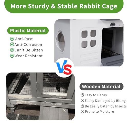 Plastic Rabbit Cage Outdoor Indoor, Bunny Cage Guinea Pig Cages with Run | Waterproof Rabbit Hutch Leak-Proof Pull-Out Tray&Chew-Proof, Easy-Clean & Ideal for Small Animal Cage Enclosure - size: 45.3"L x 20.1"W x 27.2"H