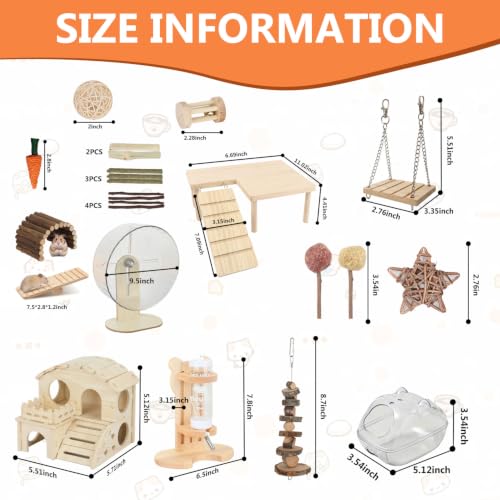 Hamster Cage Accessories & Habitat Set, Wooden Maze House, Adjustable Silent Wheel, Water Bottle Set, Wooden Bench，Sand Bath tub & Chew Toys, 20 Pcs Kit for Dwarf Hamster Gerbil Mouse (Upgrade) - size: Upgrade