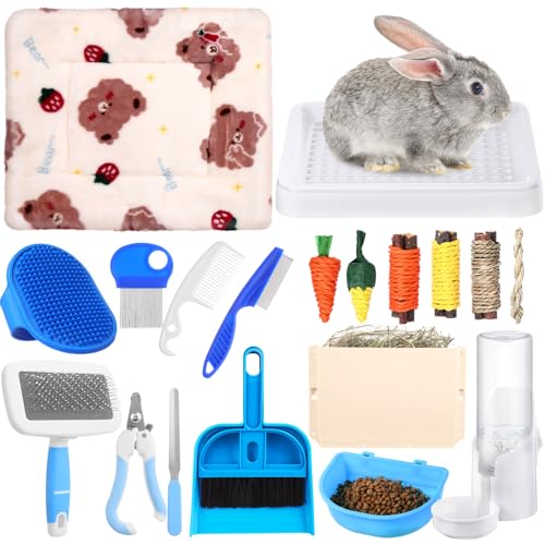 19 Pcs Rabbit Starter Kit Small Bunny Litter Box Animal Grooming Kit Water Bottle Bunny Toys Hay Feeder Bowl Blankets with Cleaning Set for Guinea Pig Rabbit Accessories (White) - color: White, style: Strawberry Bear