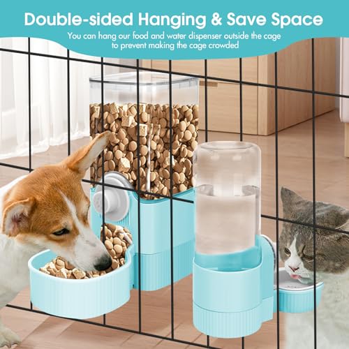 Yummy Sam Hanging Cage Automatic Small Pet Food Bowl Water Bottle Dispenser, Detachable Auto Gravity 1.2L Self-Feeding Feeder and 0.52L Waterer Set Kennel Feeding Station for Puppy Cats(Sky Blue) - color: Sky Blue