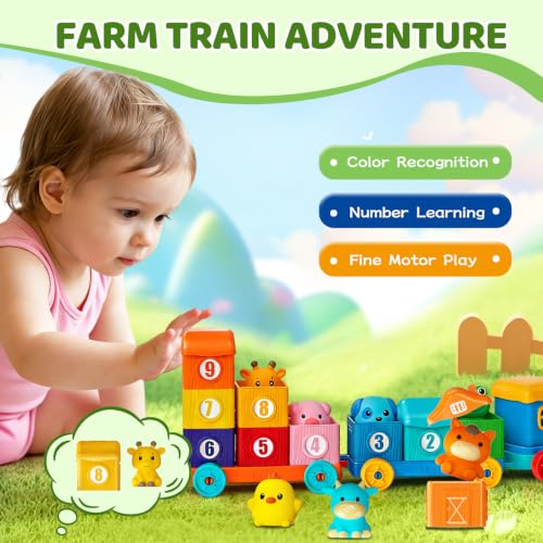 Toddler Learning Toys for 2 3 Year Old, Counting Matching & Sorting Montessori Train Set with 9 Farm Animals Finger Puppets, Birthday Gift for Baby Boys Girls