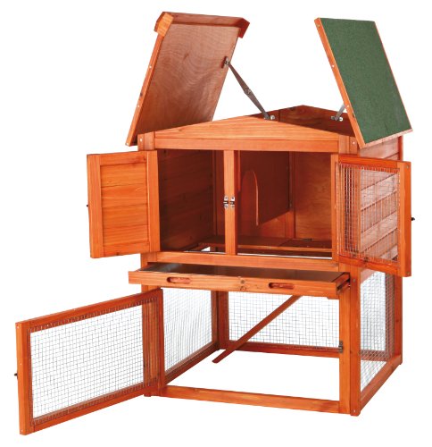 TRIXIE natura Outdoor Rabbit Hutch with Run - Small 2-Story Rabbit Cage with Non-Slip Ramp - Elevated Small Animal House with Secure Playpen, Hinged Roof & Pull-Out Tray - in Natural - style: Single Rabbit Hutch with Run