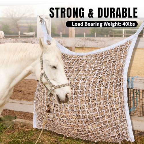 Slow Feed Hay Nets for Horses, Large Capacity Hay Bags, 4 Pack | 35 x 31 in, includes 8 carabiners,white, heavy duty, hay feeder for horses and goats, easy to hang in stalls and trailers - size: 4PCS-White