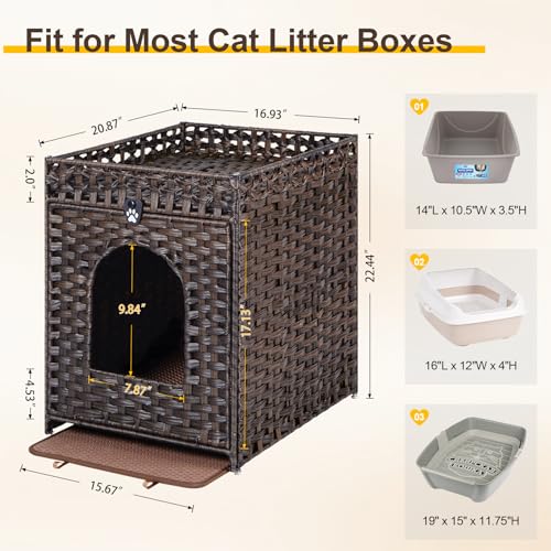 Snughome Cat Litter Box Enclosure Furniture Hidden with Litter Mat, Hidden Cat Washroom Furniture with Door, Handwoven Rattan Cat Washroom Box, Indoor Pet House for Living Room, Bedroom (Brown) - color: Brown