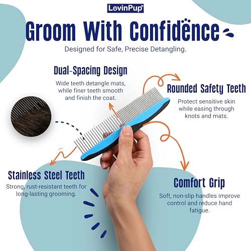 Pet Metal Comb for Dogs and Cats (2-Pack) – Detangling Comb | Stainless Steel Rounded Teeth for Painless Detangling – Dual-Spacing w/Comfort Grip Handle – Professional Grooming Tools - size: Comb