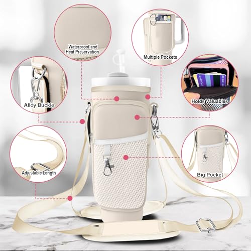 Stanley Carrier Bag for Stanley 40oz/30ozTumbler with Phone with 2 Adjustable Strap,3 Pockets Bottle Stanley Cup Carrier Bag & Case,Accessories for Hiking Travelling - color: Beige