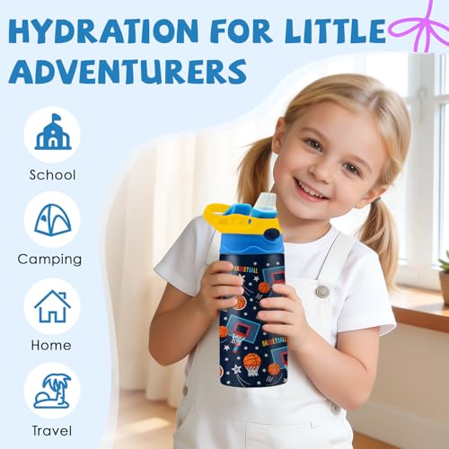 Basketball 12 oz Water Bottle with Straw – Kids Stainless Steel Vacuum Insulated Cup, Leakproof Pop-Up Spout, Reusable Travel Mug for Boys and Girls Outdoor Sports - color: Basketball1