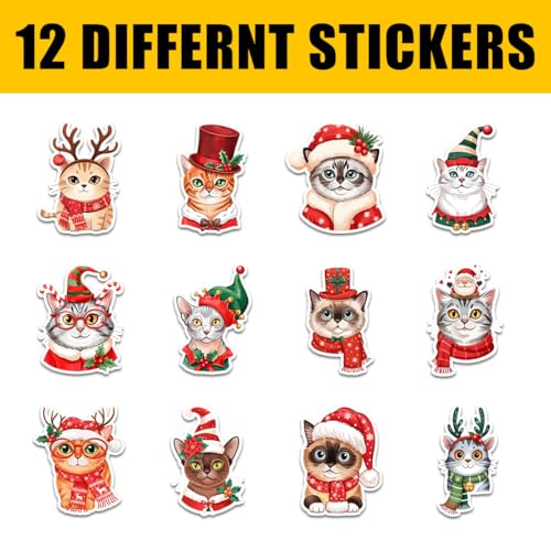 (12pcs-3in) Christmas Cat Sticker Stickers for Cute Holiday Kitty Gift Sets | Gifts For Cat Lovers Parents Friends Kids Teacher For Laptop Water Bottle Tumbler Notebook Journal Scrapbook Phone Crafts Mug - color: Cat 4, size: 3 Inches